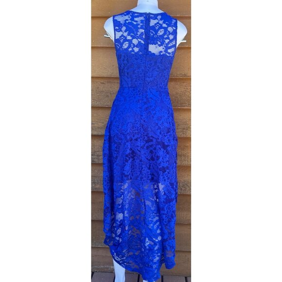 Round Neck Sleeveless Blue Lace Dress With High-Low Hemline & Stretch Fabric Siz - Picture 3 of 9